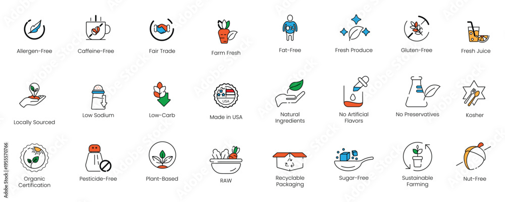 Fototapeta premium Comprehensive 24-piece food packaging and dietary requirement vector line icon bundle, featuring organic, gluten-free, allergen-free, and fair trade badges.