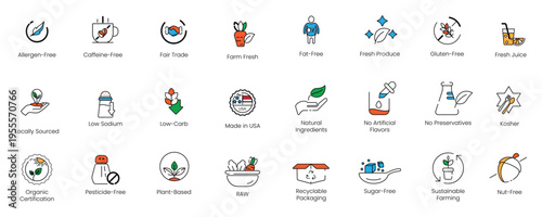 Comprehensive 24-piece food packaging and dietary requirement vector line icon bundle, featuring organic, gluten-free, allergen-free, and fair trade badges.