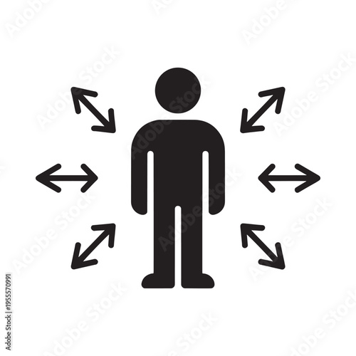 Simple black silhouette of a person surrounded by outward pointing arrows
