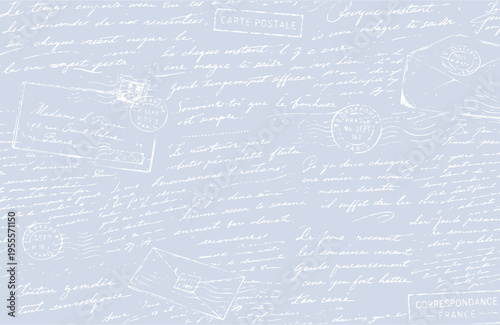 Seamless blue, pattern of abstract illegible handwritten text. Vintage grunge bad calligraphy script, old book document. Vector illustration of monochrome unreadable handwriting cursive poetry