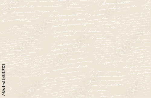 Seamless beige pattern of abstract illegible handwritten text. Vintage grunge bad calligraphy script, old book document. Vector illustration of monochrome unreadable handwriting cursive poetry