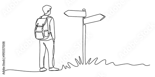 man with backpack standing at crossroads with signpost