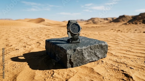 Durable Black Watch Displayed on Stone in Sunny Desert