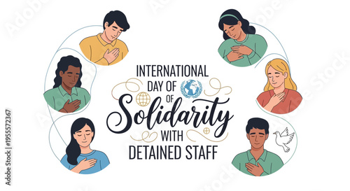 Illustration of diverse people showing solidarity on International Day of Solidarity with Detained and Missing Staff, with a supportive and humanitarian theme.