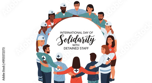 Illustration of diverse people forming a circle to observe International Day of Solidarity with Detained and Missing Staff with a supportive and humanitarian theme.
