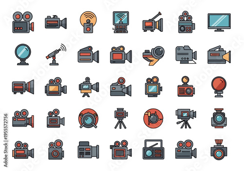 Modern Flat Style Camera Video and Broadcasting Equipment Icons Set.