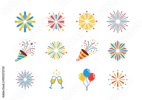 Vibrant Celebration Icons Set with Fireworks Party Poppers Champagne Glasses and Balloons.