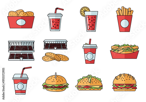 Flat Design Fast Food and Stadium Icons Set: Burgers Fries Drinks Hot Dogs Nuggets and Seating Illustrations.