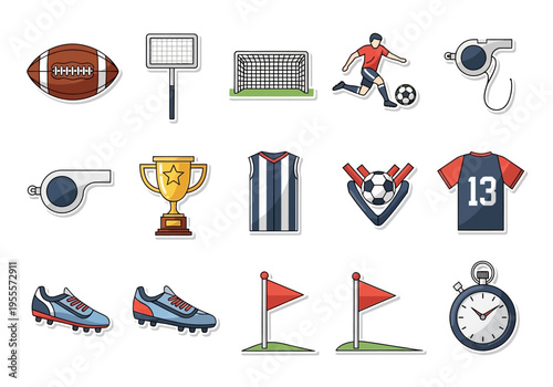 Flat design sports equipment and accessories icon set including football soccer gear trophy and referee items.