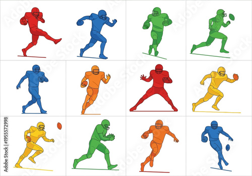Dynamic American Football Players in Colorful Action Poses Vector Set.