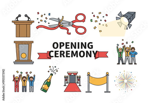 Opening Ceremony Event Icons Set with Ribbon Cutting Podium and Celebration Elements.