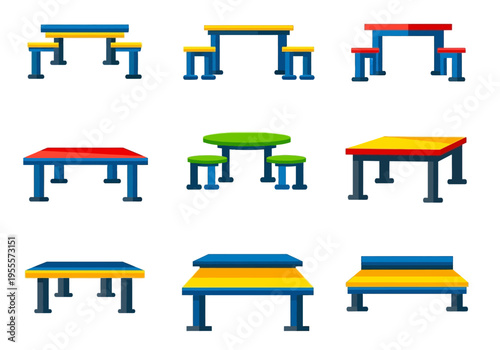 Vibrant Flat Design Tables Stools and Benches Collection for Outdoor or Indoor Use.