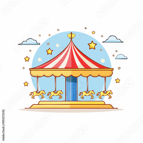 Colorful Carousel Illustration with Stars and Clouds.