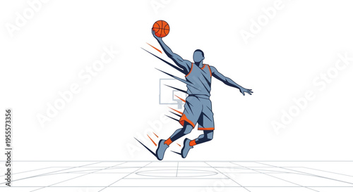Man in motion jumping to dunk a basketball on a court