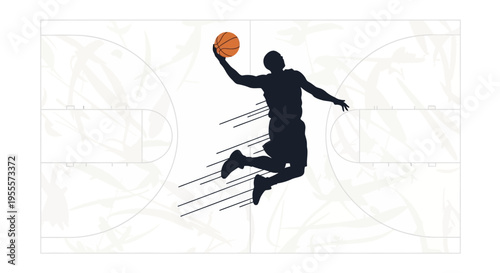 Silhouette of a basketball player jumping to shoot the ball on a court