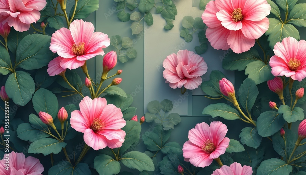 Naklejka premium Floral pattern with pink flowers and green leaves. Blossom branches with buds grow on background. Delicate petals open revealing stamens. Art illustration.