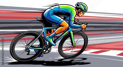Professional cyclist riding a bicycle on a racing track with motion blur background