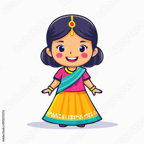 Cute Cartoon Girl in Traditional Indian Dress Illustration.