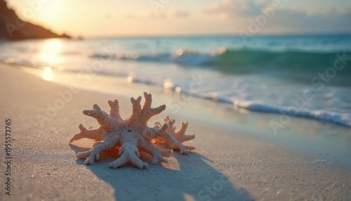 Coral rests on sandy beach with ocean waves at sunset. Golden hour light illuminates shoreline and tranquil sea. Gentle surf washes coast near island landscape.