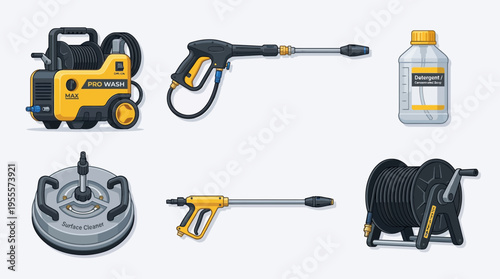Cleaning equipment kit with pressure washer gun hose and tools