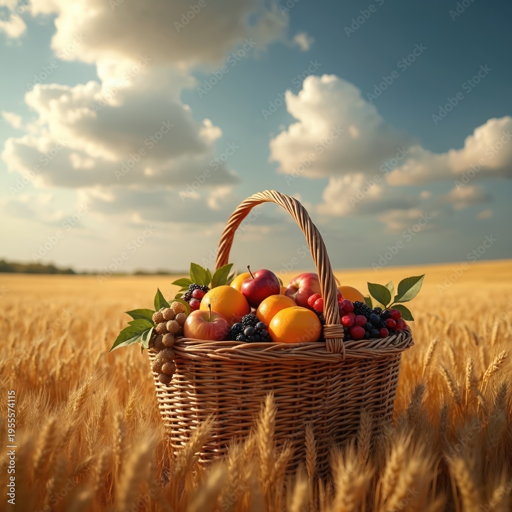 Obraz premium Wicker basket filled with fresh apples oranges berries grapes sits in golden wheat field under blue sky. Natural harvest bounty, healthy organic food concept.