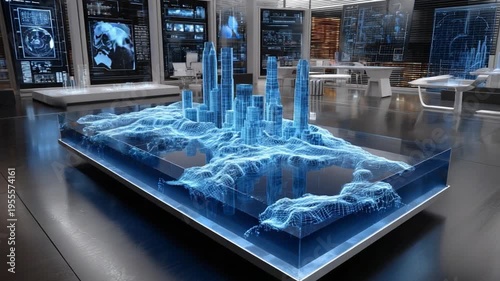 Futuristic City Model: Explore a stunning, illuminated cityscape model, showcasing a vibrant urban ecosystem and complex digital interfaces.