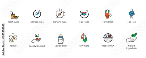 Healthy beverage and ethical food sourcing vector line icon set, featuring fair trade, farm fresh, fresh juice, fat-free, and allergen-free dietary labels.
