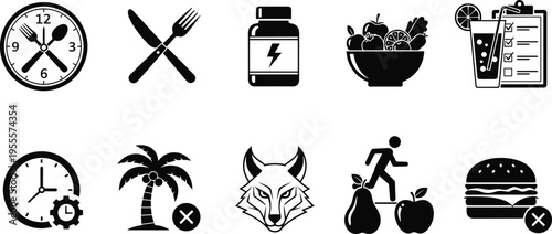 Black Healthy Lifestyle Icon Set for Intermittent Fasting and Diet Planning Featuring Nutrition Supplements, Meal Timing, Exercise, and Junk Food Avoidance