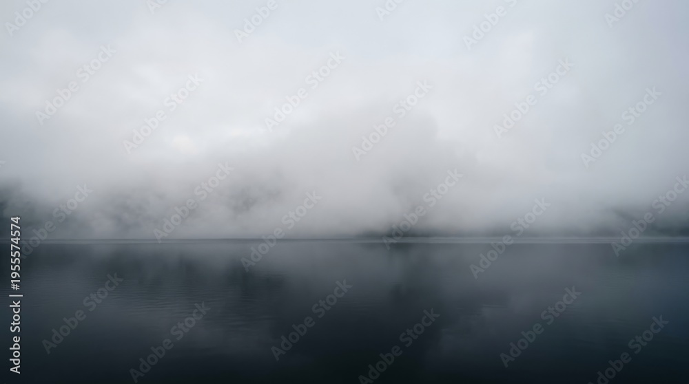 Fototapeta premium Serene Lake Shrouded in Dense Mist on a Gloomy Day