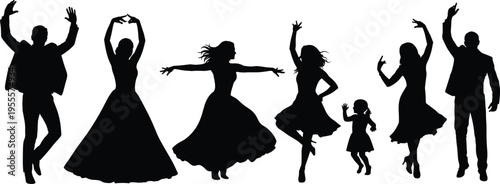 Silhouette illustration of a happy family and group of people dancing joyfully together, isolated on a clean white background, perfect for festive celebration concepts.