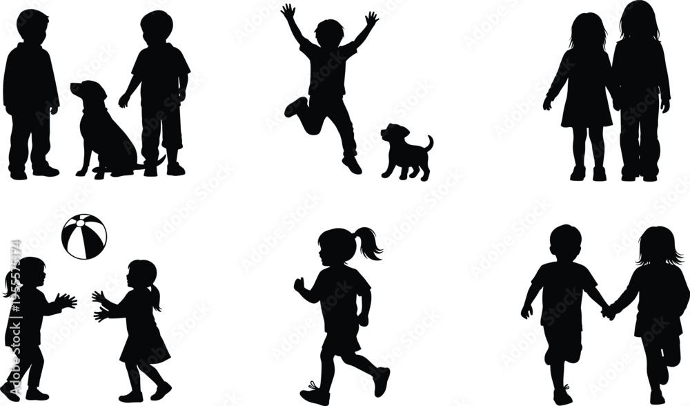 Fototapeta premium Silhouette illustration of children and dogs in playful activities including jumping, running, holding hands, and playing with ball, symbolizing joy, friendship, and companionship.