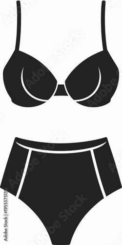 A minimalist black icon representing a two piece swimsuit with a high waisted bottom and bra top isolated on white background, Vector, illustration