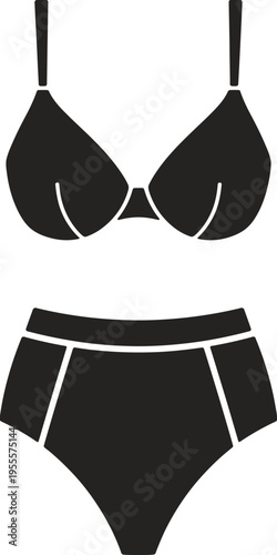 A black silhouette icon featuring a stylish two piece bikini set with high waisted bottom parts isolated on white background, Vector, illustration