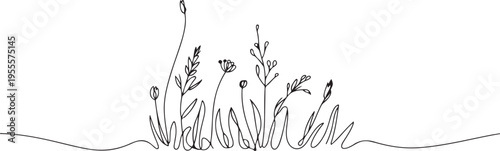 Black and white grass and flower continuous one line art drawing for elegant branding. one line Icon drawing