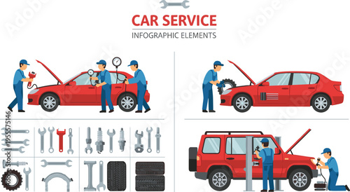 Car Service Infographic Featuring Mechanics Repairing Vehicles, Tools, Tire Change, Engine Check, and Auto Maintenance for Automotive Industry Design