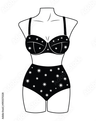 Black high waisted bikini set featuring a starry night celestial pattern on a female mannequin isolated on white background, Vector, illustration