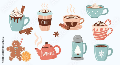 A collection of cozy winter hot drinks and festive treats including hot chocolate, coffee, tea, a gingerbread man, and spices, all in a warm, inviting style.