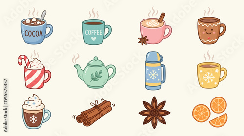 A delightful collection of cozy hot drinks, mugs, a teapot, thermos, and various spices like cinnamon, star anise, and orange slices, perfect for winter.