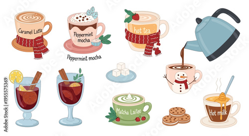 A delightful collection of various cozy hot winter drinks and beverages, including lattes, mocha, tea, mulled wine, and hot chocolate, with festive decorations.