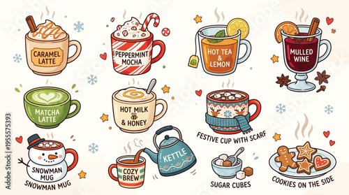 A delightful collection of various hot winter beverages including lattes, mocha, tea, mulled wine, and hot chocolate, perfect for cozy moments.