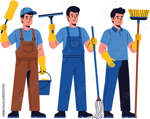 Cleaning Service Workers Vector Set Featuring Janitors with Mop, Bucket, Brush, and Cleaning Tools for Maintenance and Housekeeping Designs