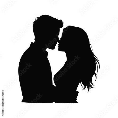 A romantic silhouette of a young man and a woman embracing and about to share a loving kiss together isolated on white background, Vector, illustration