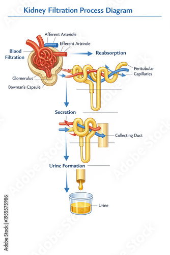 Kidney Filtration Process Diagram Showing Nephron Glomerulus and Urine Formation