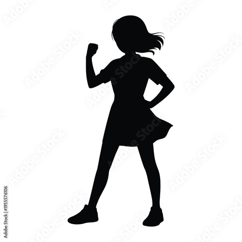 A silhouette of a young girl standing with her fist raised in a powerful and triumphant gesture isolated on white background, Vector, illustration