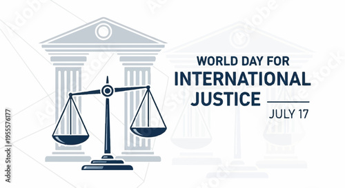 World day for international justice illustration with scales and courthouse symbolizing law and equality on july 17th