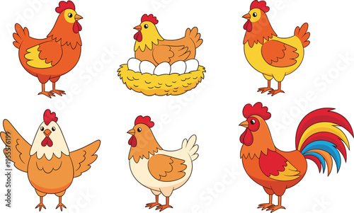 Chicken and Rooster Cartoon Vector Set Featuring Hens, Eggs, Nesting, and Farm Poultry Characters for Agriculture and Kids Design