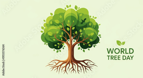 Vibrant tree with exposed roots and lush green leaves on world tree day symbolizing growth and environmental awareness
