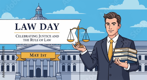 Lawyer or judge holding law books and scales in front of courthouse on law day celebrating justice and the rule of law