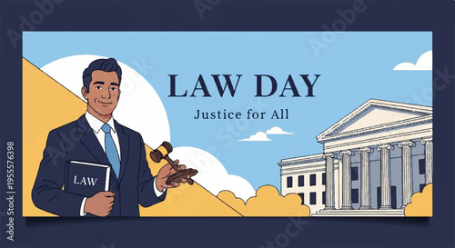 Justice system concept with lawyer holding gavel and law book near courthouse on law day