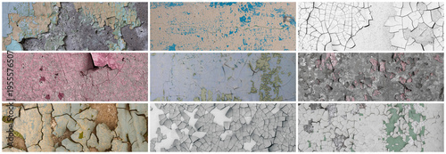 Set of peeling paint textures. Old concrete walls with cracked flaking paint. Weathered rough painted surfaces with patterns of cracks and peeling. Collection of wide panoramic backgrounds for design.